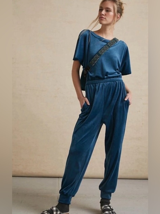 Anthropologie Pants - Anthropologie Velvet Jumpsuit in Teal Blue